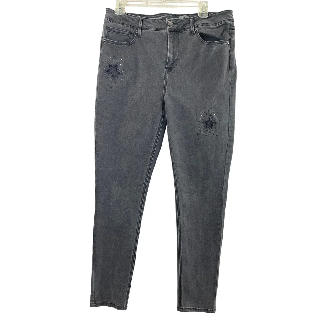 Seven7 Skinny Jeans Women 14 Gray Star Distressed Rhinestone Embellished Denim